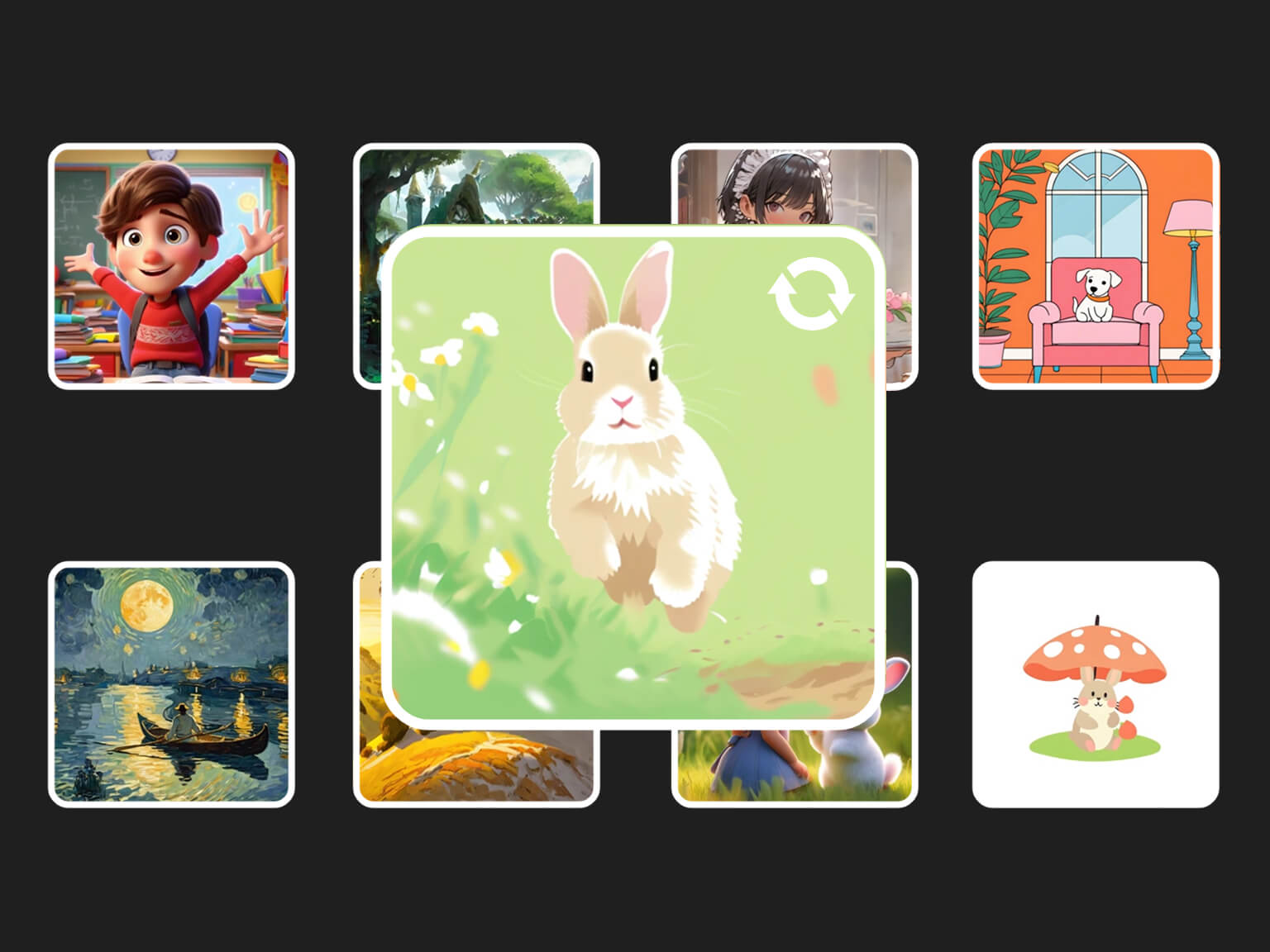 Surrounded by other art, a central image shines: a fluffy bunny amidst daisies in a lush field, ready to be perfected with Stylar’s AI Photo Filter.